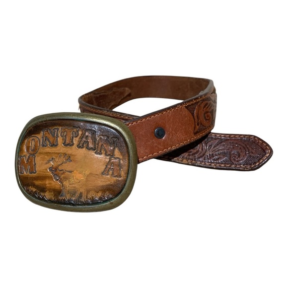Kids Vintage Leather (Cow Hide Inlay) Western Belt with Montana Buckle Sz 24 in - Picture 2 of 4